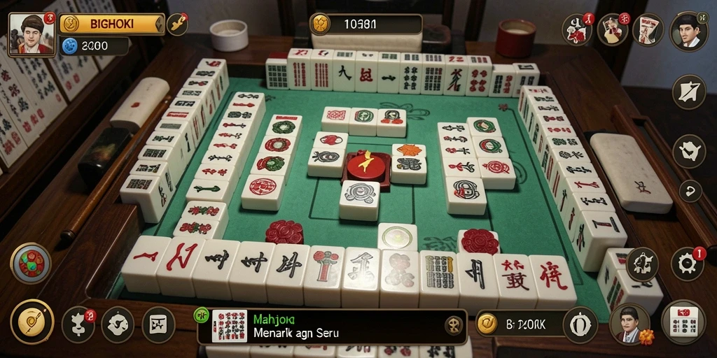 Screenshot gameplay BIGHOKI, menampilkan suasana Mahjong yang menarik.