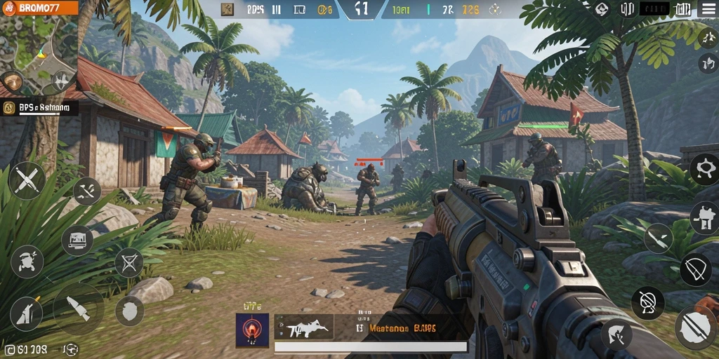Tampilan menegangkan gameplay BROMO77 dengan aksi tembak-menembak.