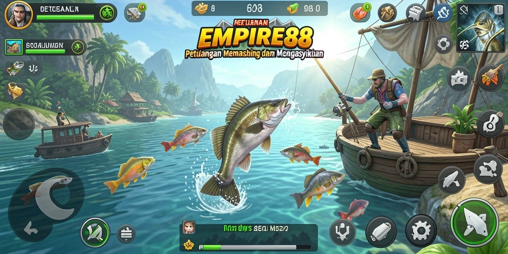 Gameplay Fishing yang seru dan menangkap berbagai jenis ikan.