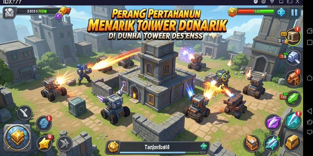 Tampilan gameplay seru dari <strong>IDX777</strong> dengan tower yang menyerang musuh.